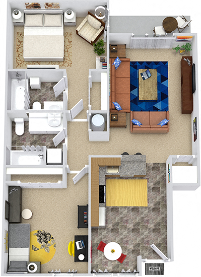 3D Millwood 2 bedroom apartment. Eat-in Kitchen open to living area. 2 baths. in-unit laundry. large closets in bedrooms. patio